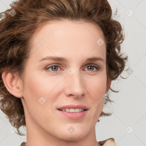 Joyful white young-adult female with medium  brown hair and green eyes