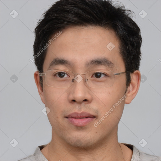 Neutral asian young-adult male with short  brown hair and brown eyes