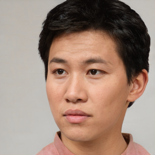 Neutral asian young-adult male with short  brown hair and brown eyes