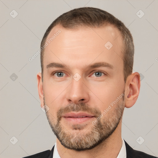 Neutral white young-adult male with short  brown hair and brown eyes