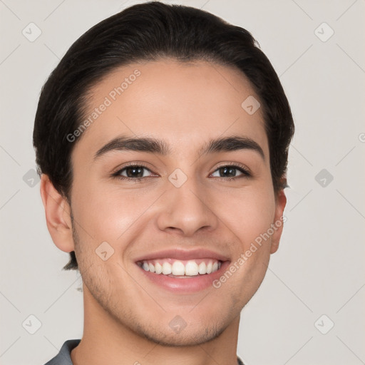 Joyful white young-adult male with short  brown hair and brown eyes