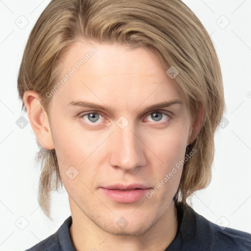 Neutral white young-adult male with medium  brown hair and blue eyes