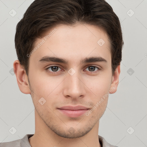 Neutral white young-adult male with short  brown hair and brown eyes