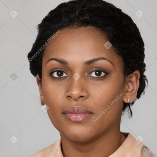 Neutral black young-adult female with short  black hair and brown eyes