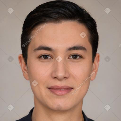 Joyful white young-adult male with short  black hair and brown eyes