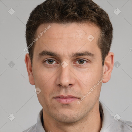 Neutral white young-adult male with short  brown hair and grey eyes