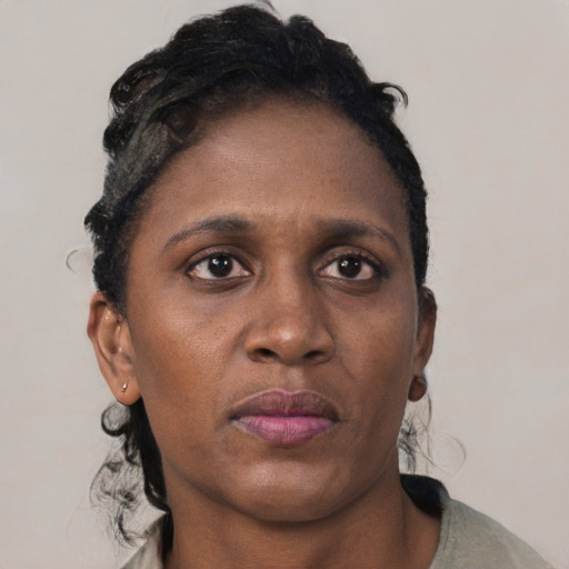 Neutral black young-adult female with short  brown hair and brown eyes