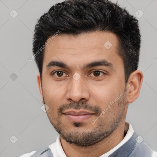 Neutral white young-adult male with short  black hair and brown eyes