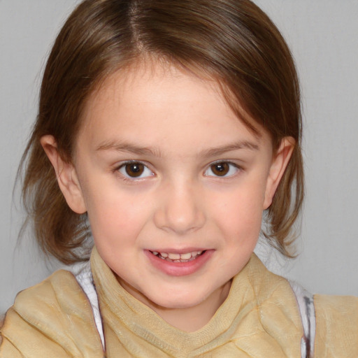 Joyful white child female with medium  brown hair and brown eyes