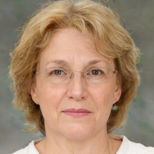 Joyful white middle-aged female with medium  brown hair and green eyes