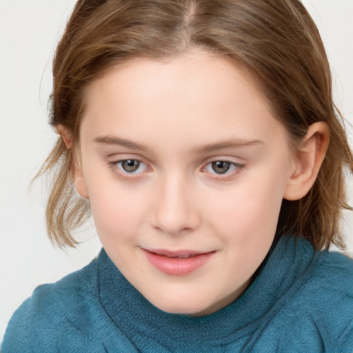 Joyful white child female with medium  brown hair and blue eyes