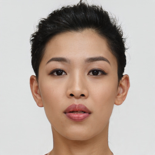 Neutral asian young-adult female with short  brown hair and brown eyes