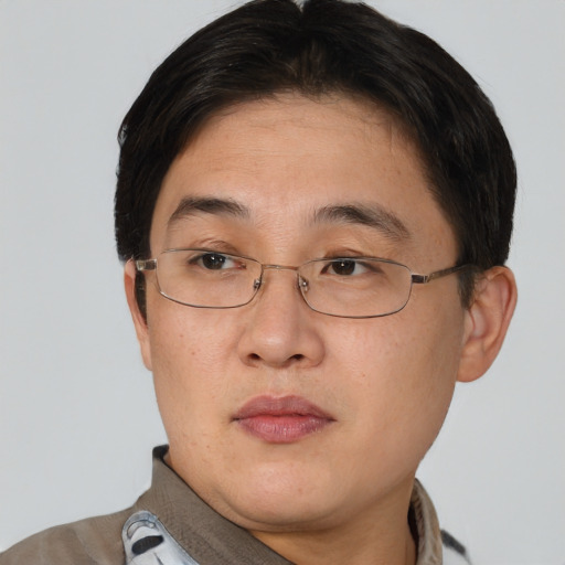 Neutral asian adult male with short  brown hair and brown eyes