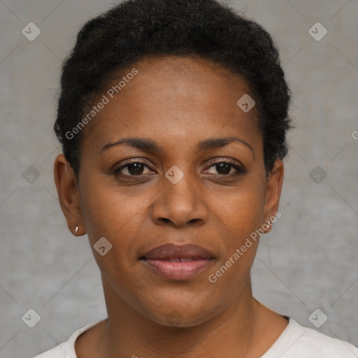 Joyful black young-adult female with short  black hair and brown eyes