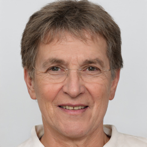 Joyful white middle-aged male with short  brown hair and brown eyes