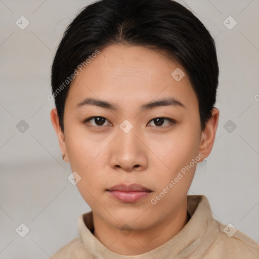 Neutral asian young-adult female with short  black hair and brown eyes