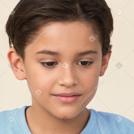 Joyful white child female with short  brown hair and brown eyes