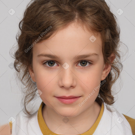 Joyful white child female with medium  brown hair and brown eyes