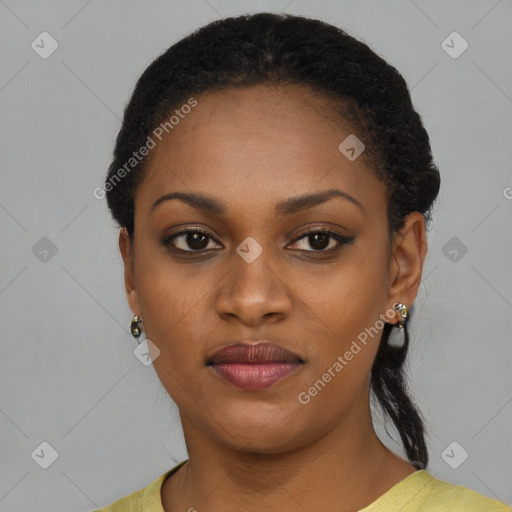Neutral black young-adult female with short  black hair and brown eyes