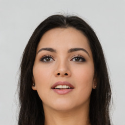 Neutral asian young-adult female with long  brown hair and brown eyes