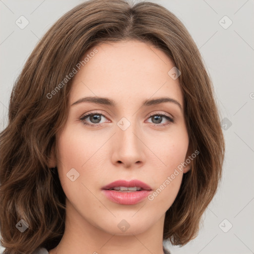 Joyful white young-adult female with medium  brown hair and green eyes