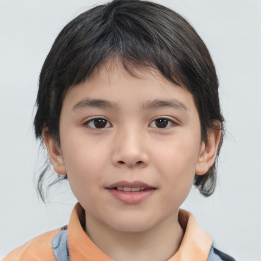 Joyful asian child female with medium  brown hair and brown eyes