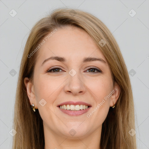 Joyful white young-adult female with long  brown hair and brown eyes