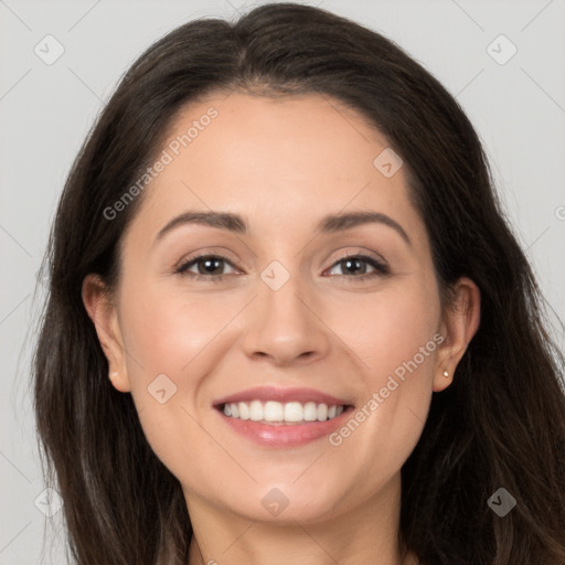 Joyful white young-adult female with long  brown hair and brown eyes