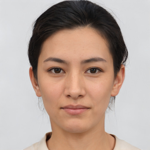 Neutral asian young-adult female with short  brown hair and brown eyes