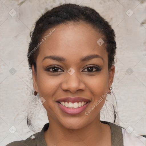 Joyful latino young-adult female with short  black hair and brown eyes