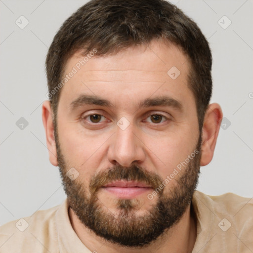 Neutral white young-adult male with short  brown hair and brown eyes