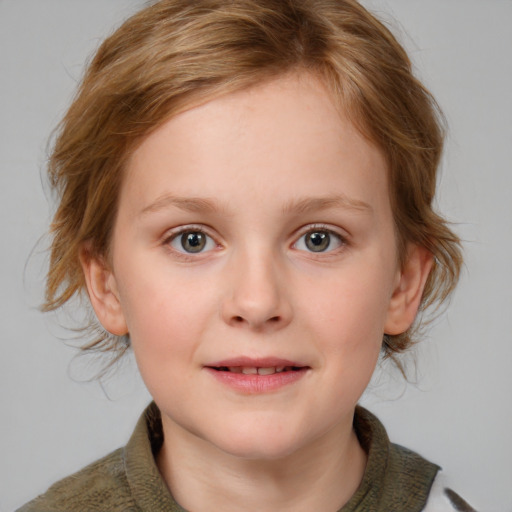 Joyful white child female with medium  brown hair and blue eyes