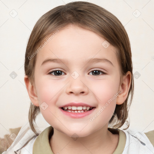 Joyful white child female with medium  brown hair and brown eyes