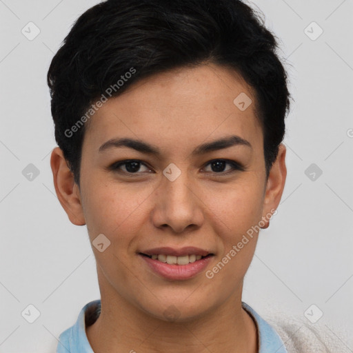 Joyful latino young-adult female with short  brown hair and brown eyes