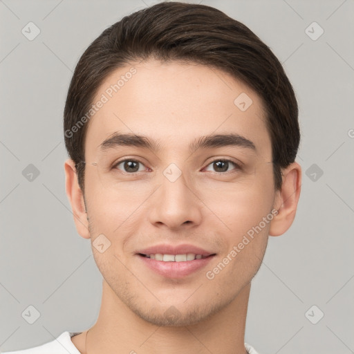 Joyful white young-adult male with short  brown hair and brown eyes