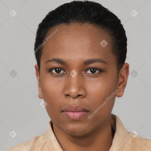 Neutral black young-adult female with short  black hair and brown eyes