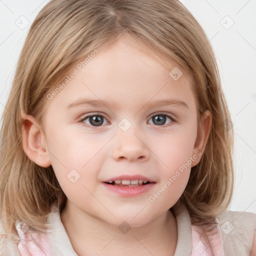 Joyful white child female with medium  brown hair and grey eyes