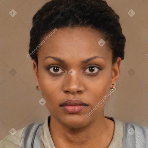 Neutral black young-adult female with short  black hair and brown eyes