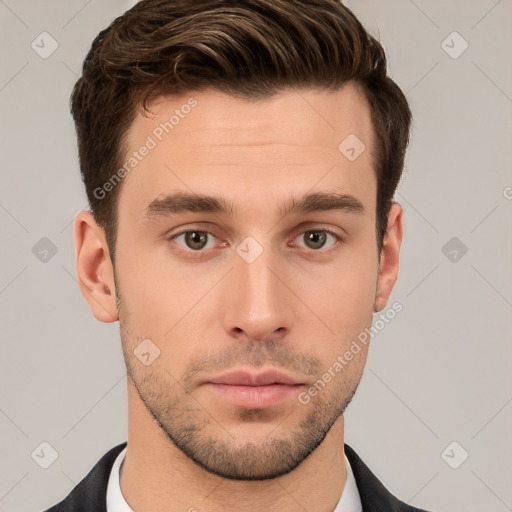 Neutral white young-adult male with short  brown hair and brown eyes