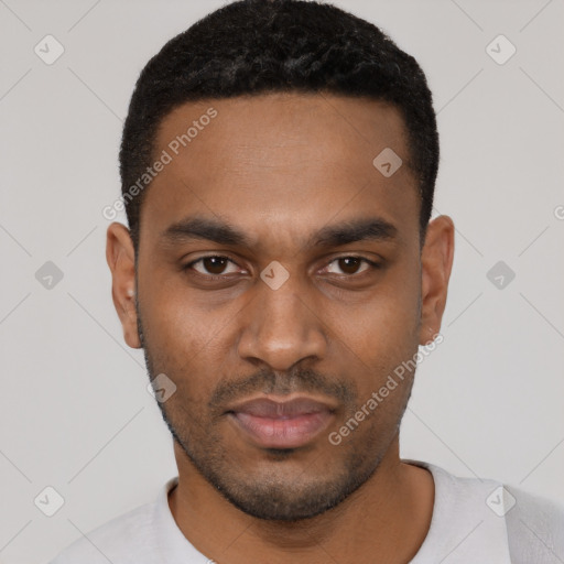 Neutral black young-adult male with short  black hair and brown eyes