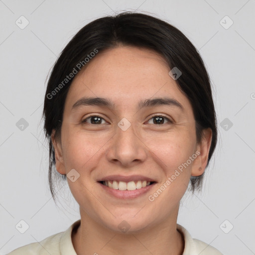 Joyful white young-adult female with medium  brown hair and brown eyes