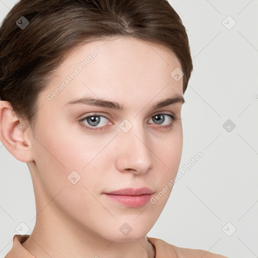 Neutral white young-adult female with short  brown hair and brown eyes