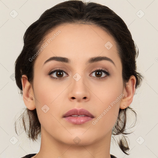 Neutral white young-adult female with medium  brown hair and brown eyes