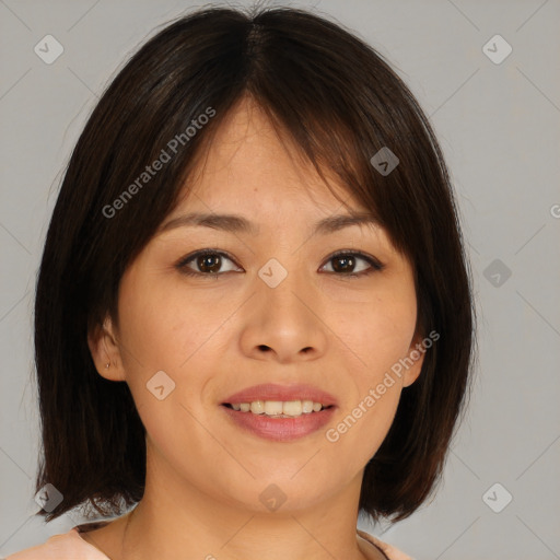 Joyful white young-adult female with medium  brown hair and brown eyes