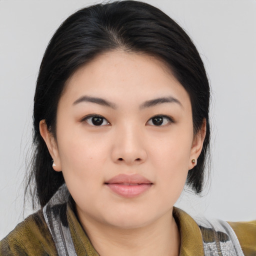 Neutral asian young-adult female with medium  black hair and brown eyes