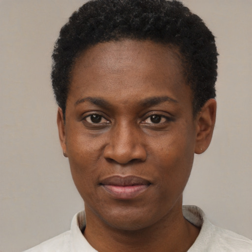Joyful black young-adult female with short  black hair and brown eyes