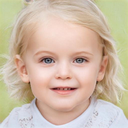 Joyful white child female with medium  brown hair and blue eyes