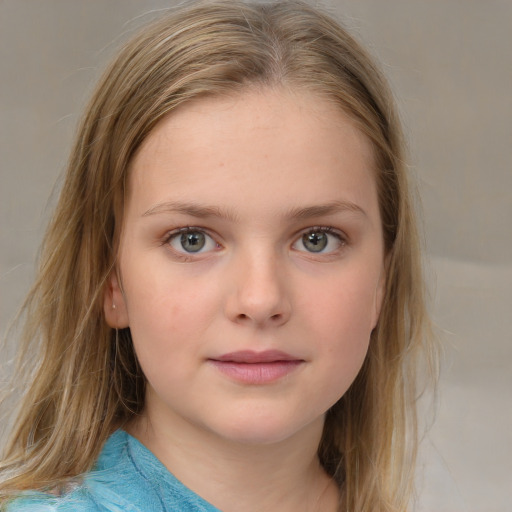 Neutral white child female with medium  brown hair and blue eyes