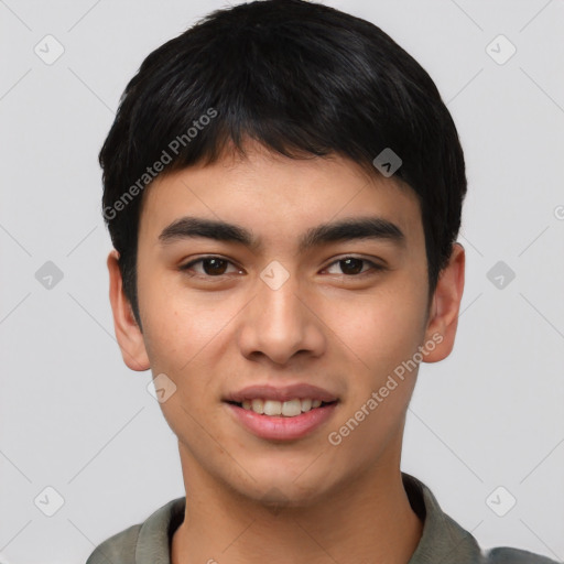 Joyful asian young-adult male with short  black hair and brown eyes