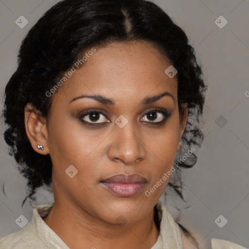 Joyful black young-adult female with medium  brown hair and brown eyes